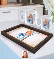 BK Gift Kişiye Özel Kadın Diş Hekimi Karikatürlü Doğal Ahşap Tepsi ve 2’li Kupa Bardak Seti-2