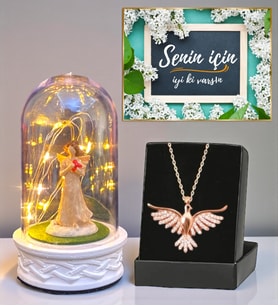Led Işıklı Biblolu Fanus ve Gerçek Ametist Taşlı Anka Kuşu Kolye (Model 5)