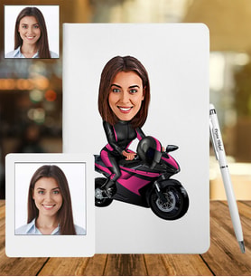 Kişiye Özel Motorcu Kadın Tasarımlı Karikatür Deri Defter & Metal Tükenmez Kalem + Ahşap Çerçeve hediye 58