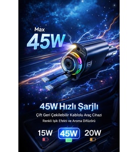 45W Işıklı ve Kokulu Araç Şarj Cihazı Çift Çekilebilir Kablo USB-C & iOS Uyumlu Hızlı Şarj