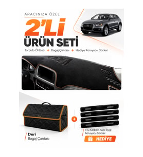 e-biz AUDİ Q5 (2008-2017) Uyumlu Torpido Örtüsü + Deri Bagaj Çantası Seti - Siyah-Kahverengi - AU009