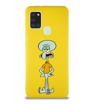 Samsung Galaxy A21S Soft Premier Kapak Squidward Dokunaç Tasarımlı Silikon Kılıf - Sarı (Şeffaf)