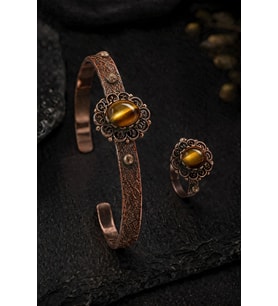 Kadın Bakır Bileklik Yüzük Set Doğal Siyah Oniks Taşlı Otantik Model Set