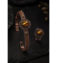 Kadın Bakır Bileklik Yüzük Set Doğal Siyah Oniks Taşlı Otantik Model Set
