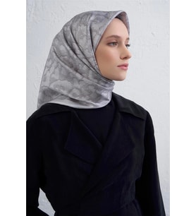 Klasik Desen Twill İpek Eşarp -2025/2026 -9408D (Gümüş)