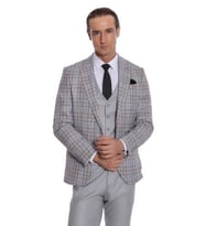 Ekose Ceketli Slim Fit Açık Gri Erkek Takım Elbise - Wessi