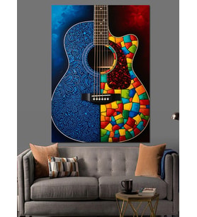 Gitar Mavi Mozaik Sanat Dekoratif Kanvas - Mdf Ahşap Tablo