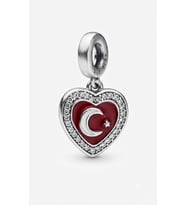 Kadın Taş Detay Sallantılı Kalp İçinde Türk Bayrağı Model Gümüş Charm