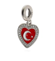 Kadın Taş Detay Sallantılı Kalp İçinde Türk Bayrağı Model Gümüş Charm