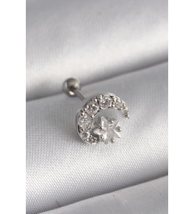 pilelistore 316L Çelik Gümüş Renk Zirkon Taşlı Ay Yıldız Tragus Piercing - TJ-PR1257