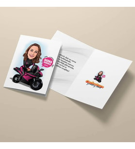 Kişiye Özel Motora Binen Kadın Karikatürlü Tebrik Kartı