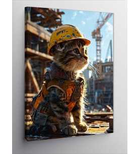 Kanvas Tablo Baret Takan İnşaatçı Kedi