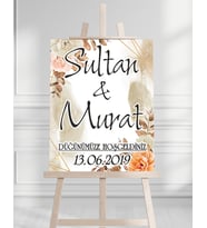 Söz Nişan Düğün İçin 50x70 Karşılama Panosu - Şeftali Çiçek Desenli