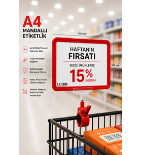 A4 Mandallı Fiyatlık Etiketlik Sepet Raf Askılık Fiyat Etiketi Çerçeveli Market Mağaza Kırmızı