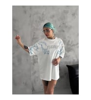 Unisex Bisiklet Yaka Baskılı Oversize T-Shirt - Beyaz