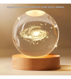 Gün Işığı Led’li 3d Kristal Galaksi Küre Ahşap Tabanlı Dekoratif Lamba