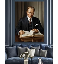 Kitap Okuyan Atatürk Resmi Dekoratif Kanvas - Mdf Ahşap Tablo