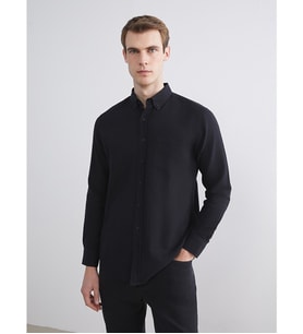 LCWAIKIKI Classic Siyah Regular Fit Uzun Kollu Keten Karışımlı Erkek Gömlek