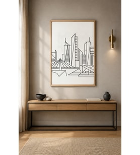 Şehir Silüeti Tek Çizgi Skyline Ahşap Çerçeveli Duvar Tablosu