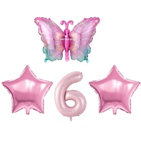 Pembe Kelebekli 6 Yaş Folyo Balon Set