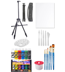 Rich Mastermix Akrilik Boya Seti 6 Ana Renk 3 Ayaklı Metal Şövale 35x50 Tuval Plastik Spatula Seti 6
