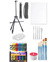 Rich Mastermix Akrilik Boya Seti 6 Ana Renk 3 Ayaklı Metal Şövale 35x50 Tuval Plastik Spatula Seti 6