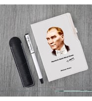 Kişiye Özel Atatürk Silüet  UV Baskılı Beyaz Defter & Beyaz Roller Kalem