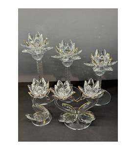 Dekoratif Kristal Cam Beşli Lotus ve Kuğulu Şamdan gold
