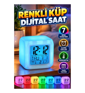 7 Renk Değiştiren Dijital Küp Alarm Saati – Termometre, Takvim ve Dokunmatik Gece Işığı