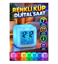 7 Renk Değiştiren Dijital Küp Alarm Saati – Termometre, Takvim ve Dokunmatik Gece Işığı