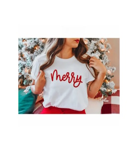 Yılbaşı Merry Christmas Baskılı Kısa Kollu Oversize Bisiklet Yaka T-shirt - Beyaz