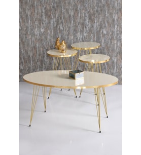 Zigon Sehpa Ve Orta Sehpa Elips Set Gold Krem Tel