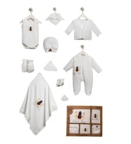 Organik Pamuk Yenidoğan 10 Parça Zıbın Set  Lu Organik Waffle Bear Lüx Set Uni (Beyaz)