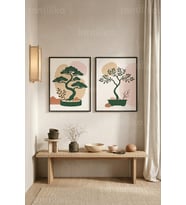 Minimalist Doğa Bonsai Ağaçları 2'li Ahşap Çerçeveli Tablo Seti
