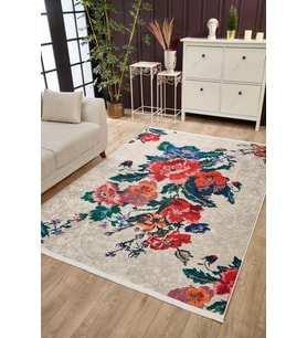 Krem Vintage Çiçekli Floral Modern Kaymaz Taban Makinede Yıkanabilir Salon Halısı Dijital Baskı