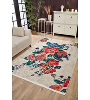Krem Vintage Çiçekli Floral Modern Kaymaz Taban Makinede Yıkanabilir Salon Halısı Dijital Baskı