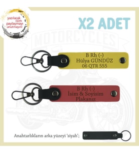 Bikerlar İçin İsim Plaka ve B Rh (-) Kan Grubu Yazılı Hediye Deri x2 Anahtarlık, Nar Çiçeği-Sarı-Syh (Çok Renkli)