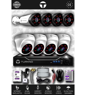 TURKNO 8 Kameralı Galia 4 İç Kamera Set 320 GB HDD Full HD Gece Görüşlü Güvenlik Kamerası Sistemi