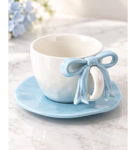 Valkyrie Ribbon Serisi 2 Parça 380 ml Mavi Fiyonklu Tabaklı Çay Kahve Kupa Fincan Seti