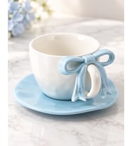 Valkyrie Ribbon Serisi 2 Parça 380 ml Mavi Fiyonklu Tabaklı Çay Kahve Kupa Fincan Seti