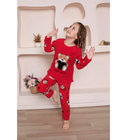 Yeni Sezon Sonbahar/Kış Kız Çocuk Ayıcık Desenli Polar Pijama Takımı 4940 (Kırmızı)