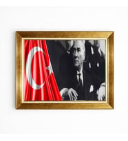 Tablore Atatürk Portresi Ve Türk Bayraklı Altın Varak Çerçeveli Salon Ofis Duvar Tablosu