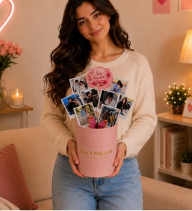 Seni Sevmek Güzel Şey Kişiye Özel 8 Polaroid  Fotoğraflı Anı Buketi – Pembe Silindir Kutuda Tasarım