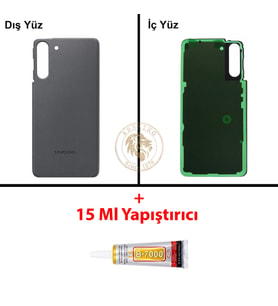 Samsung Galaxy S21 Gri Renk Arka Kapak + B7000 Yapıştırıcı Arka Cam Batarya Kapağı Pil Kapağı Lazer Kesim Back Cover Galaxy S21 Uyumlu