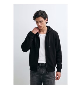 Erkek Fermuarlı Kapüşonlu Cepli Siyah Sweatshirt