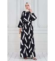 Fırça Desen Saten Tesettür Elbise-Siyah