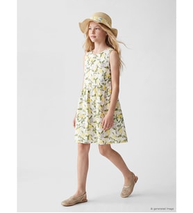 LCW Kids Ekru Bisiklet Yaka Baskılı Kız Çocuk Poplin Elbise