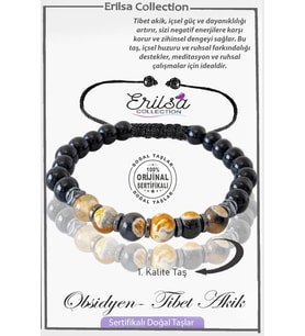 Sertifikalı Gerçek Obsidyen - Turuncu Siyah Tibet Akiği Taşı Bileklik