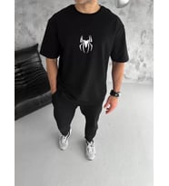 Unisex Bisiklet Yaka Baskılı Oversize T-Shirt - Siyah