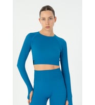 Maraton SlimFit Kadın Bisiklet Yaka Turkuaz Crop Top